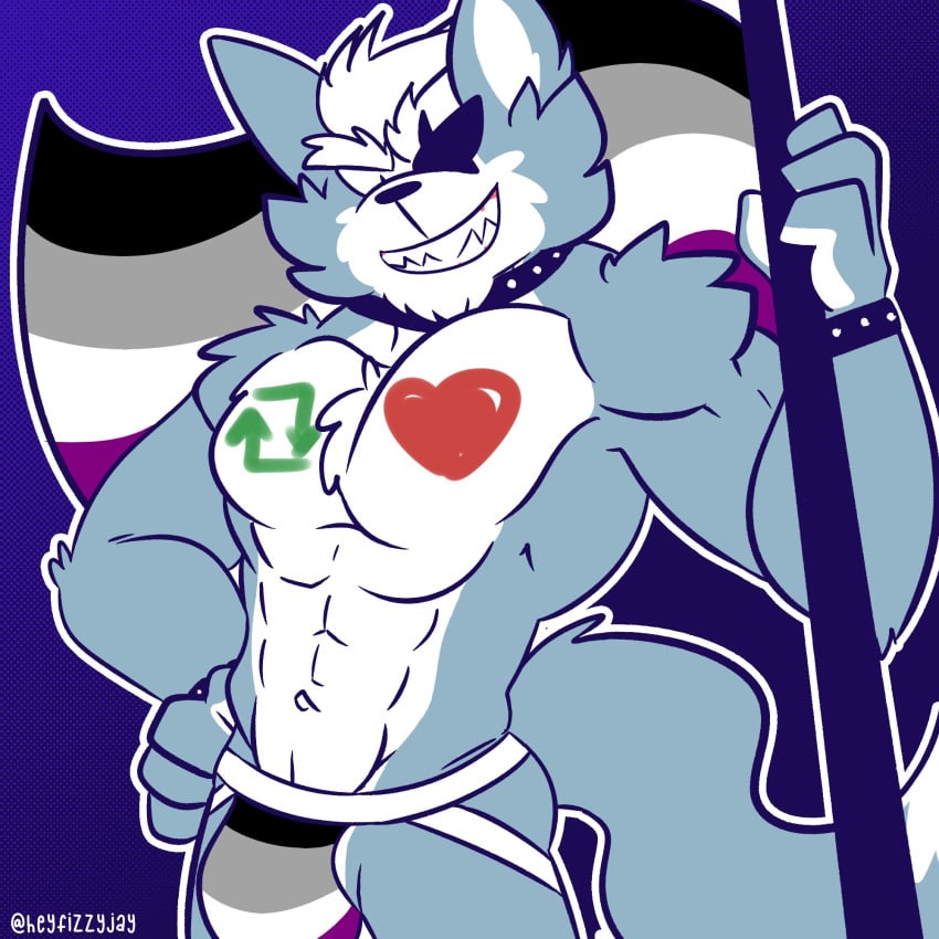 2022 abs anthro asexual_pride_colors big_bulge big_muscles blue_background bodypaint bracelet bulge canid canine canis clothing collar eye_patch eyebrows eyewear fizzyjay flag fur hair hand_on_hip heart hi_res holding_flag holding_object jewelry jockstrap lgbt_pride looking_at_viewer male male_only mammal muscular muscular_anthro muscular_male navel nintendo obliques pecs pride_color_clothing pride_color_underwear pride_colors retweet simple_background smile solo standing star_fox teeth text tuft twitter underwear url video_games wolf wolf_o'donnell