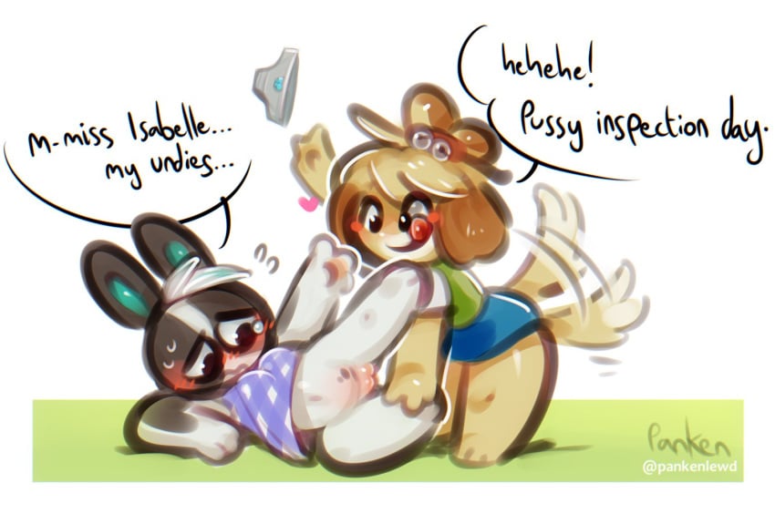 2019 animal_crossing anthro blush bodily_fluids bottomless breasts canid canine canis clothed clothing domestic_dog domestic_rabbit dotty_(animal_crossing) duo dutch_rabbit embarrassed english_text female fur hair heart holding_down isabelle_(animal_crossing) lagomorph leporid licking licking_lips mammal nintendo oryctolagus panken panties pinned pussy rabbit shih_tzu simple_background smile speech_bubble sweat tears text tongue tongue_out toy_dog underwear video_games wagging yellow_fur