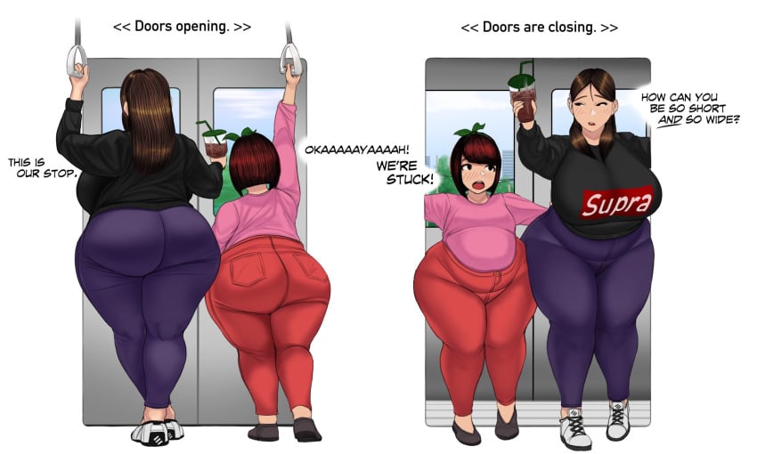 2girls accidentally_stuck ass bae_(toroboro) bbw bottom_heavy breasts dalgi_(toroboro) dialogue fat_ass female female_only femsub fully_clothed huge_ass huge_breasts jeans large_breasts overweight overweight_female shortstack size_difference stuck thick_thighs toroboro train train_interior wide_hips yoga_pants