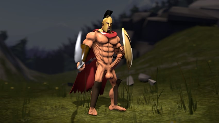 abs bad_anatomy bara barazoku big_muscles big_pecs cape cosplay costume erect_nipples erection facial_hair fight_boner foreskin gay gladiator helmet holding_object holding_weapon low_hanging_testicles machosoldier male_only manly mostly_nude muscular muscular_male retracted_foreskin sagging_balls shield shin_guards soldier soldier_(team_fortress_2) sword team_fortress_2 veiny_penis