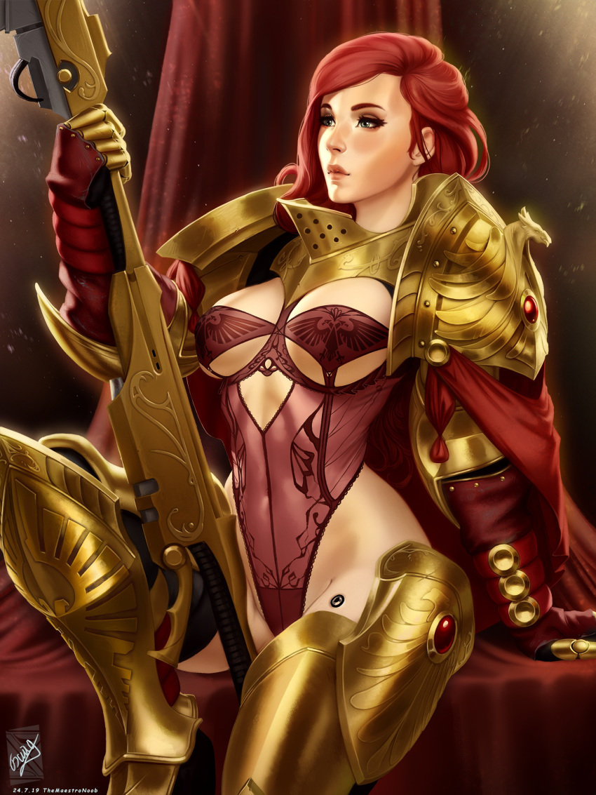 1girls adeptus_custodes armor breasts cleavage curvy female female_only female_space_marine gold_armor green_eyes highres large_breasts leotard lingerie long_hair one-piece_lingerie pauldrons red_hair sci-fi science_fiction scifi solo solo_female spear themaestronoob underboob underwear warhammer_(franchise) warhammer_40k weapon