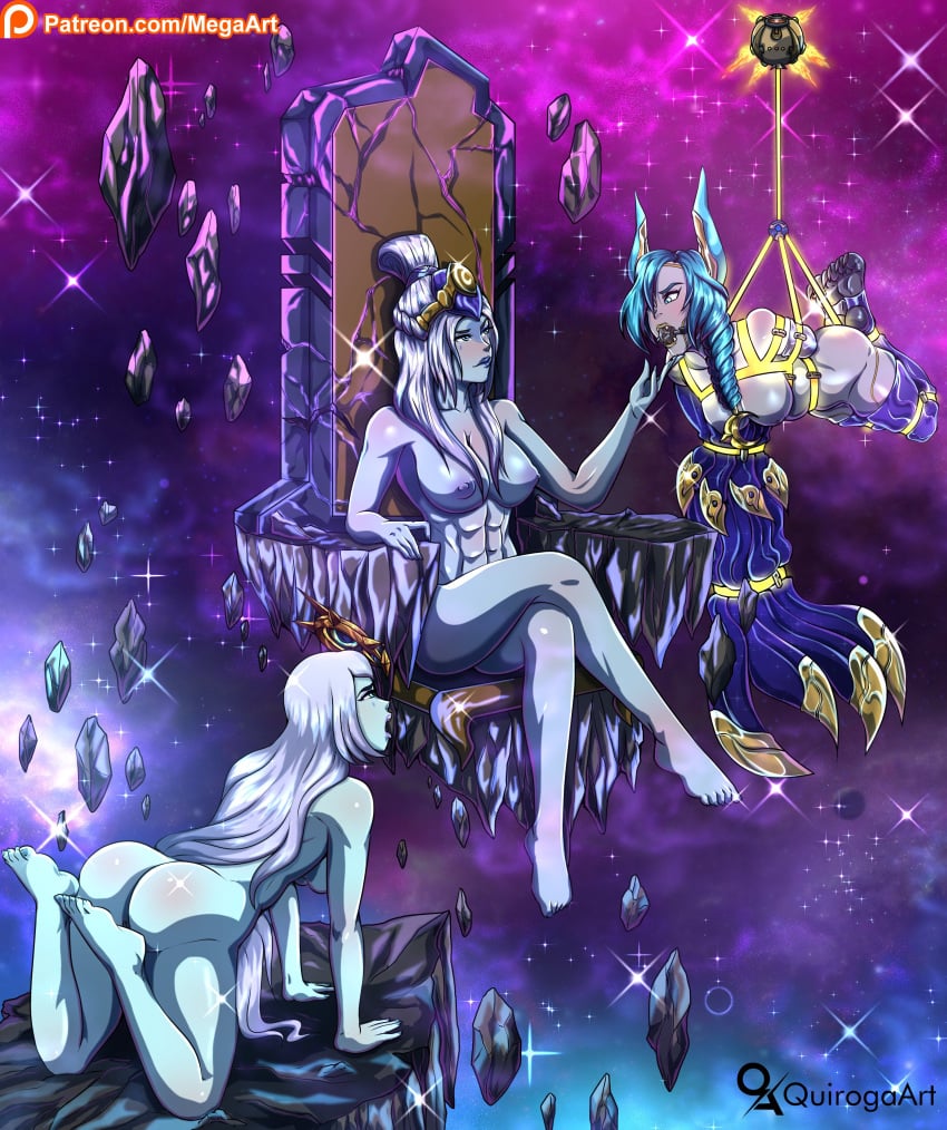 3girls ashe_(league_of_legends) bondage cosmic_dusk_xayah cosmic_lux cosmic_queen_ashe cosmic_series league_of_legends luxanna_crownguard naked riot_games tied_up vastaya xayah