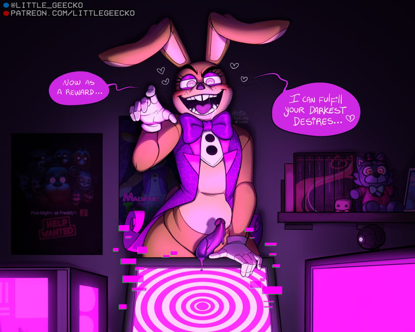 1boy bookshelf bowtie bunny_ears buttons clothing computer erect_penis erection five_nights_at_freddy's five_nights_at_freddy's:_help_wanted fur glitchtrap gloves littlegeecko male male_only penis penis_out plushie rabbit rabbit_ears solo tongue