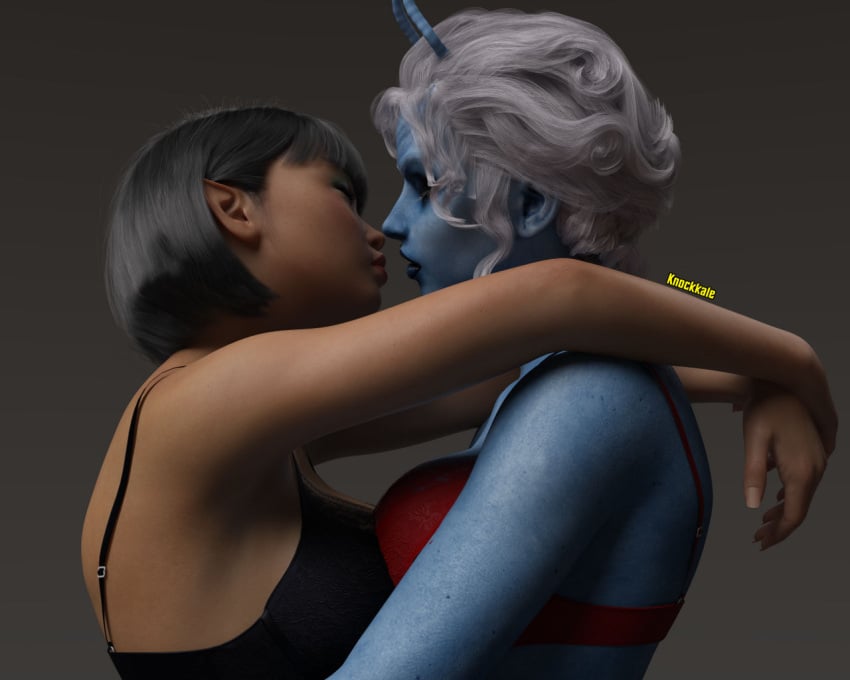 2girls 3d alien alien_girl alien_humanoid andorian_(species) antennae_(anatomy) artist_name big_ass big_breasts black_hair blue-skinned_female blue_body blue_skin bra breasts bust busty chest curvaceous curvy curvy_figure female hips hourglass_figure huge_ass huge_breasts humanoid knockkale large_breasts legs light-skinned_female light_skin mature mature_female original_character side_view star_trek t'ruu tanis_(andorian) voluptuous vulcan_(species) white_hair