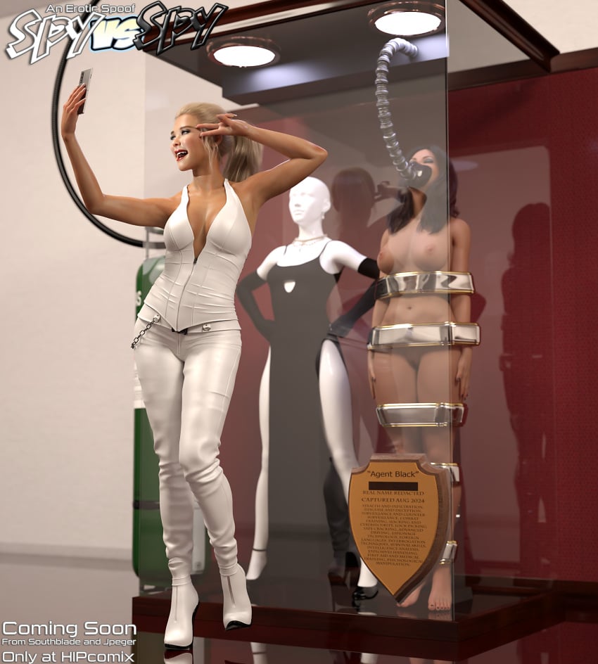 2girls 3d blonde_hair bondage brown_hair clothed_female_nude_female mannequin multiple_girls nude nude_female spy_vs_spy thejpeger trophy_case