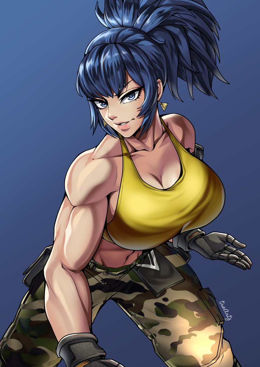 baggy_clothing baggy_pants big_breasts blue_eyes blue_hair breasts ear_piercing ear_ring earring earrings female gloves king_of_fighters king_of_fighters_xv leona_heidern midriff muscles muscular_female ponytail short_hair smile smiling solo solo_female tank_top thotlerrr toned toned_body toned_female toned_stomach treartz