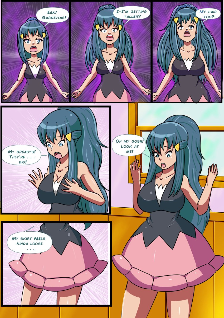 absurd_res age_progression aged_up beforu big_breasts blue_eyes blue_hair breast_expansion breast_growth breasts clothes clothing comic comic_page dawn_(pokemon) digital_art digital_drawing_(artwork) digital_media digital_media_(artwork) dress flechitas futanari_transformation futanarization gender_transformation hair_growth hi_res human long_hair nintendo pokemon skirt speech_bubble text text_bubble transformation transformation_sequence transformation_through_magic