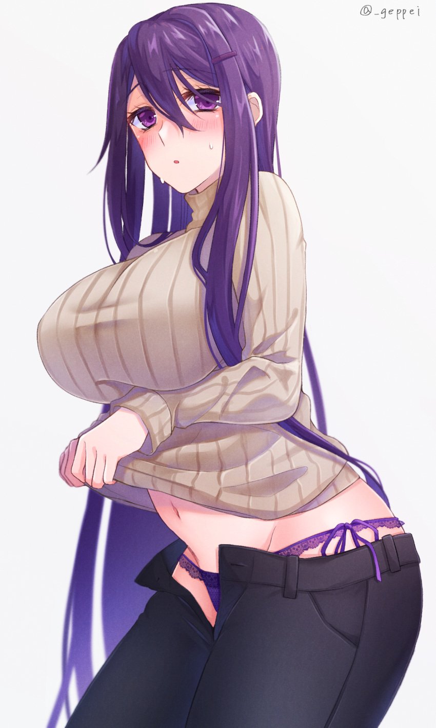 1girls belly_button big_breasts black_pants blush breasts clothing curvy curvy_female doki_doki_literature_club duplicate female female_only g-string geppei horny huge_breasts long_hair looking_at_viewer navel only_female panties pants pants_open purple_eyes purple_g-string purple_hair purple_panties purple_thong side_tie_panties sweater thong turtleneck unbuttoned unbuttoned_pants underwear yuri_(doki_doki_literature_club)