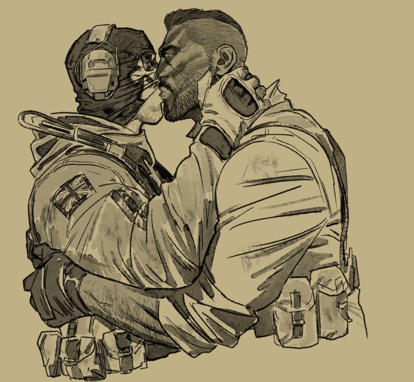 artist_request balaclava beard bust_up call_of_duty call_of_duty:_modern_warfare_2 fully_clothed gay gay_kissing greyscale john_mactavish kiss_on_lips kissing male/male male_focus male_only monochrome no_visible_genitalia nonsexual simon_riley yaoi