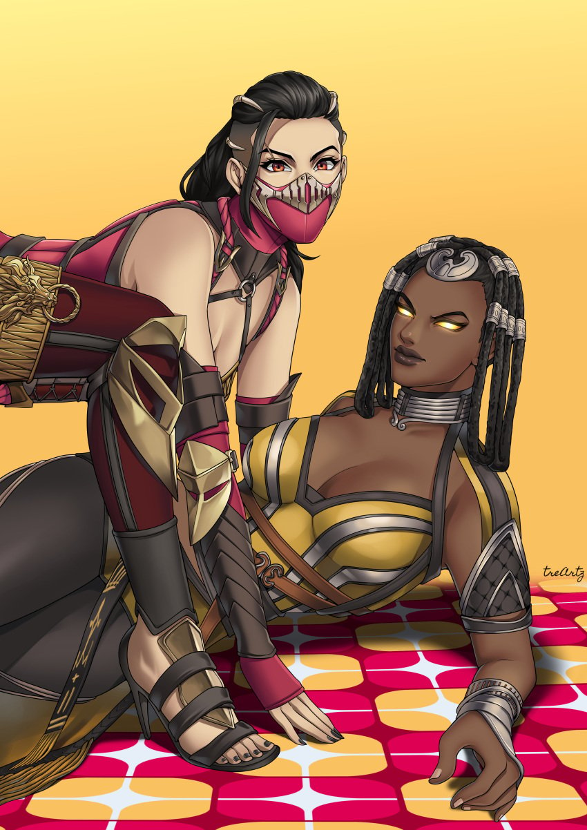 black_hair breasts dark-skinned_female dark_skin dreadlocks edenian glowing glowing_eyes gradient_eyes heels light-skinned_female light_skin mask masked masked_female mileena mileena_(new_era) mortal_kombat mortal_kombat_1_(2023) orange_eyes painted_fingernails painted_nails painted_toenails pink_clothing purple_clothing red_eyes sharp_fingernails sharp_nails tanya_(mortal_kombat) tarkatan thotlerrr treartz yellow_clothing yellow_eyes