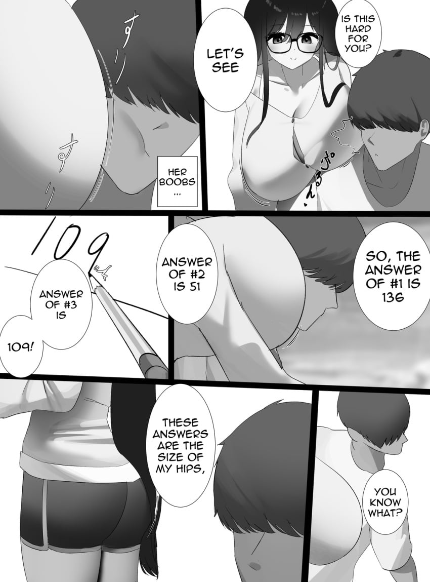 1boy 1boy1girl 1girls ass black_hair blush breasts breasts_bigger_than_head comic comic_page english_text gigantic_breasts glasses hair_over_eyes huge_breasts long_hair megane-chan_(nicorima) monochrome nicorima oc shorts text_bubble thighs 〇〇-kun_(nicorima)