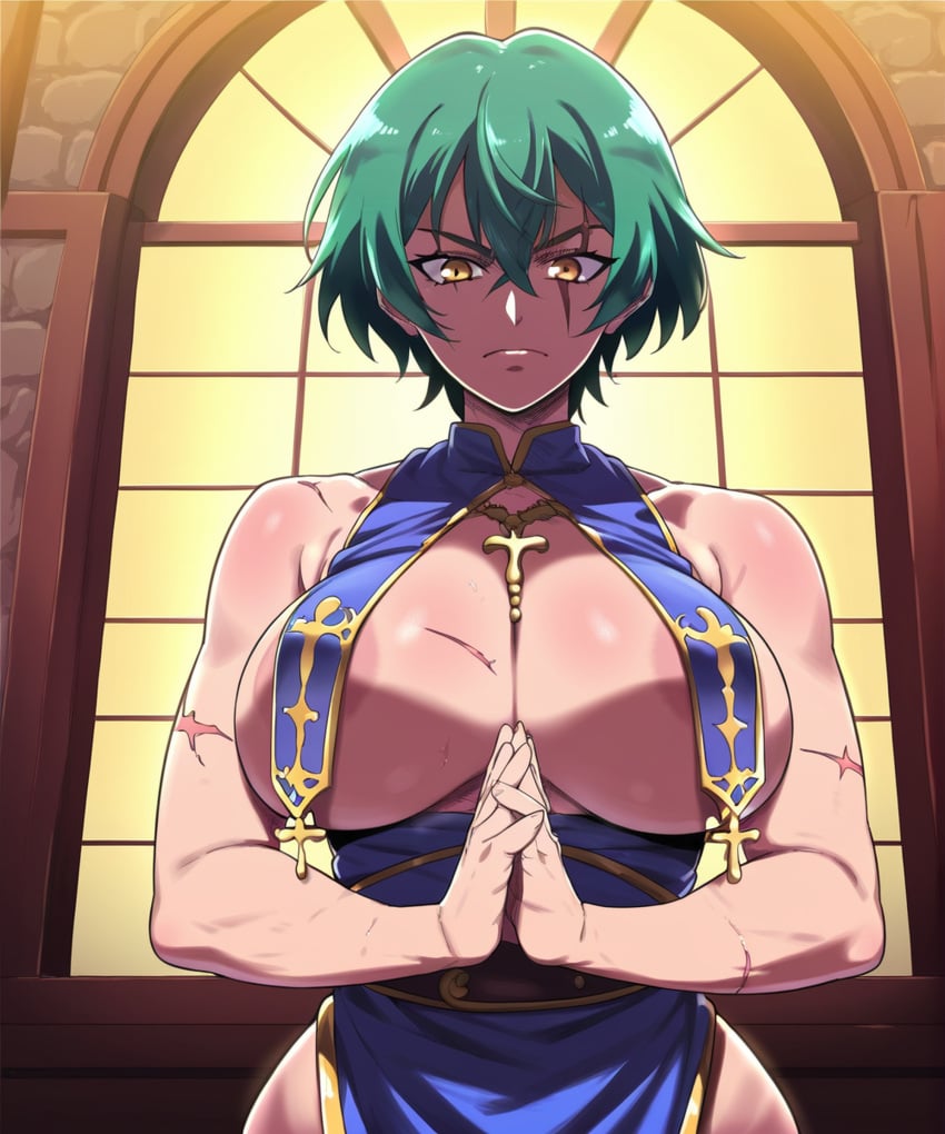 1girls ai_generated big_breasts big_nipples breasts church church_interior d-art_style dawnart female female_focus female_only front_view gold_eyes green_hair huge_breasts jujutsu_kaisen looking_at_viewer nipple_bulge nipples nipples_covered nun nun_outfit praying scar scar_on_face solo standing zenin_maki