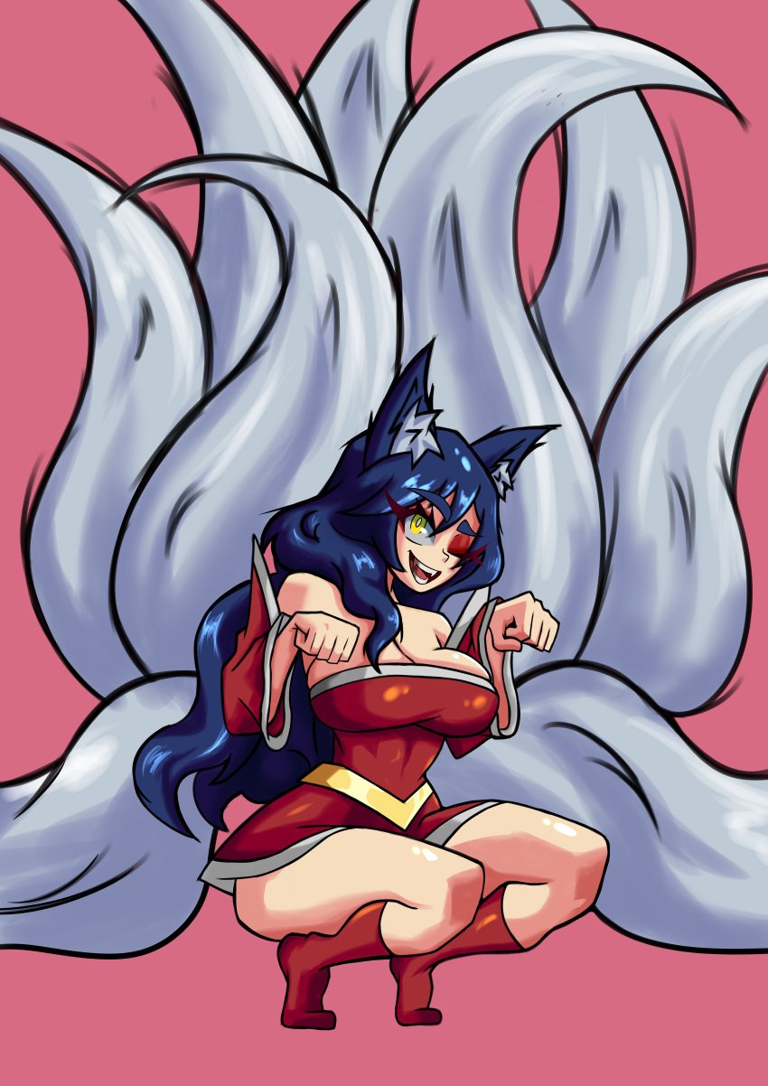 1girls ahri artist_request big_breasts black_blue_hair black_hair calve_high_socks champion clothed crouching crouching_female cute ear_fluff eyeshadow fangs feet female female_focus female_only fox fox_ears fox_eyes fox_girl fox_tail korean_clothes kumiho league_of_legends league_of_legends:_wild_rift looking_at_viewer makeup nine_tailed_fox posing red_eyeshadow riot_games skin_tight_outfit slit_pupils socks source_request tails thick_thighs thighs vastaya wink winking winking_at_viewer yellow_eyes