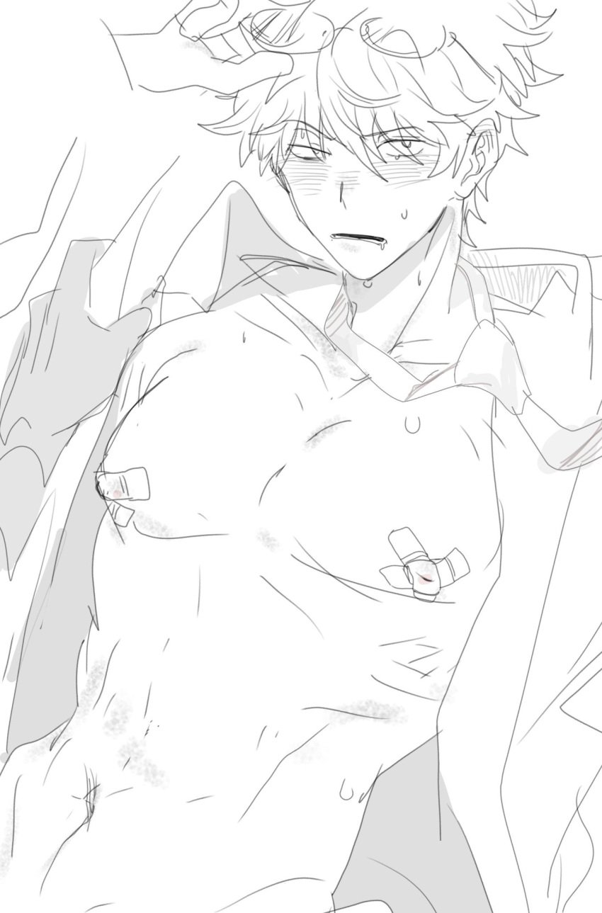 blush class_3-z gintama gintoki_sakata glasses glasses_on_head male male_only miezako monochrome official_alternate_costume pasties rough_sketch sketch solo sweat teacher