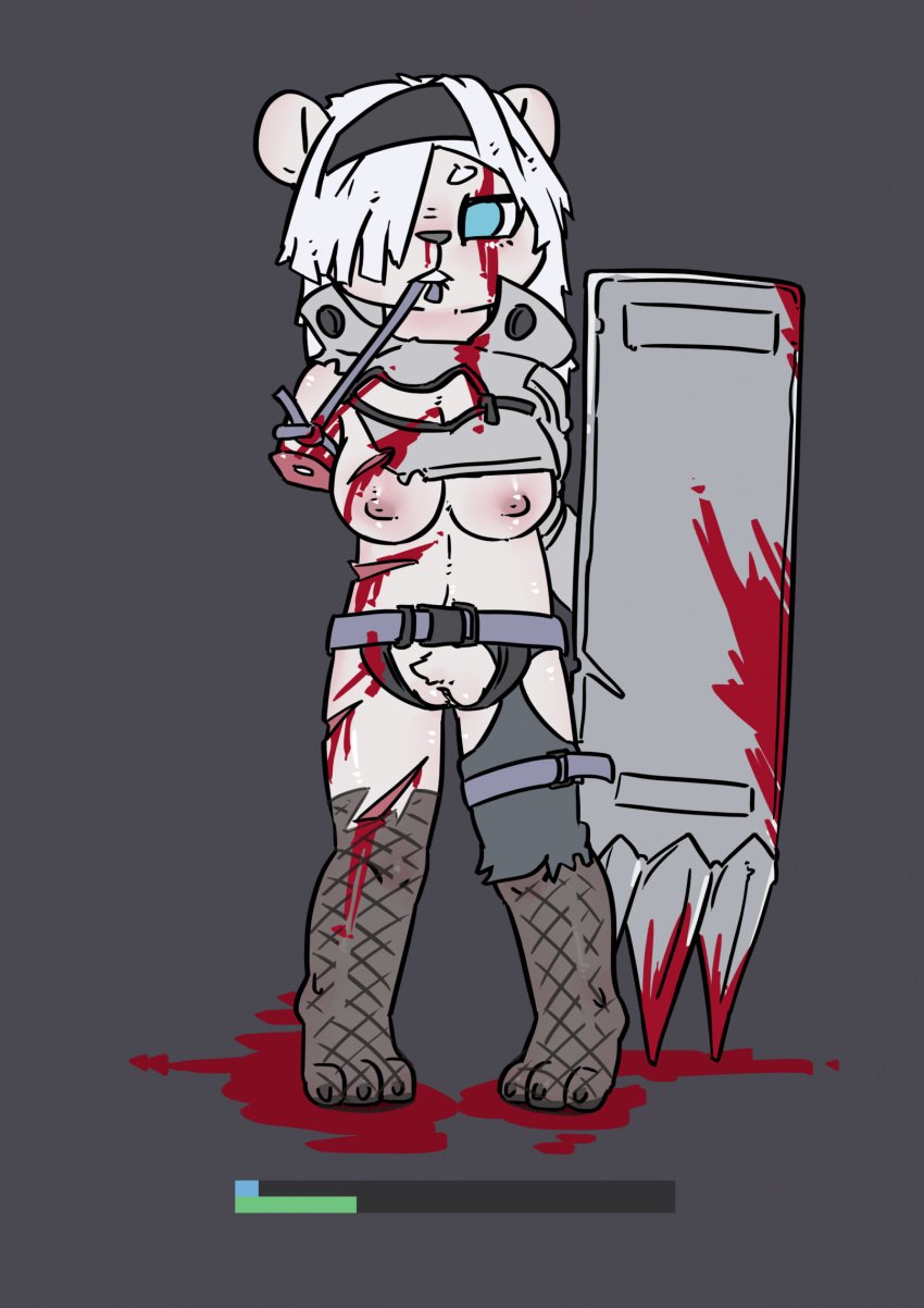 3_toes anthro bandage bear big_breasts blood blue_eyes bodily_fluids breast_wound breasts clothed clothing crowskull feet female fishnet_clothing fishnet_legwear genitals gore hair head_wound hi_res legwear mammal navel nipples partially_clothed partially_clothed_female pussy ryona severed_arm severed_body_part severed_limb shield solo suffering toes torso_wound tourniquet white_hair