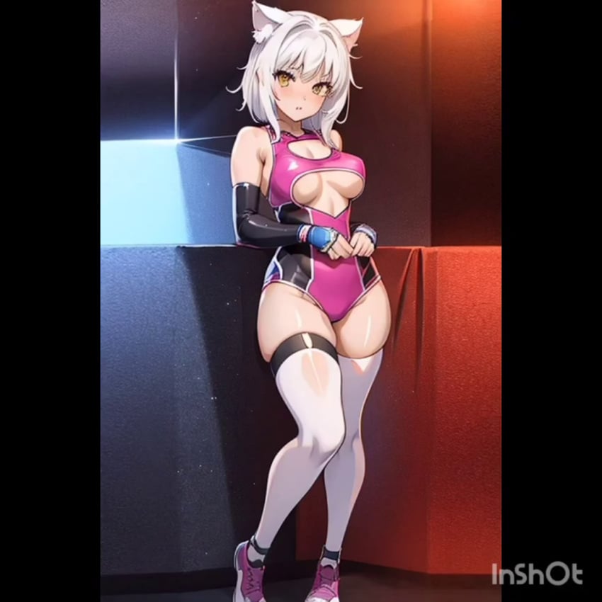 ai_generated bodysuit condorenox7 female high_school_dxd koneko_toujou small_breasts solo_female white_hair wrestler wrestling wrestling_outfit wrestling_ring yellow_eyes