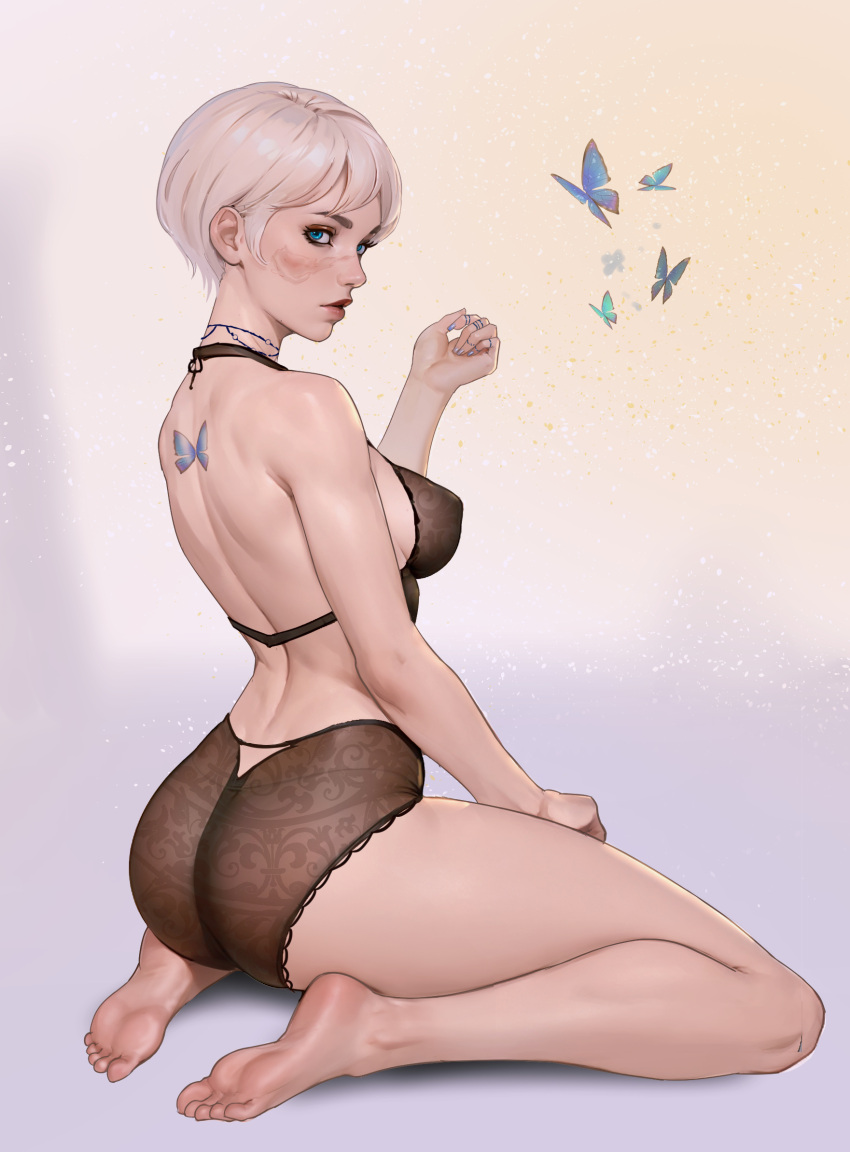 1girls 2024 blue_eyes commission female female female_only freli lingerie original_character pale_skin simple_background tattoo white_hair