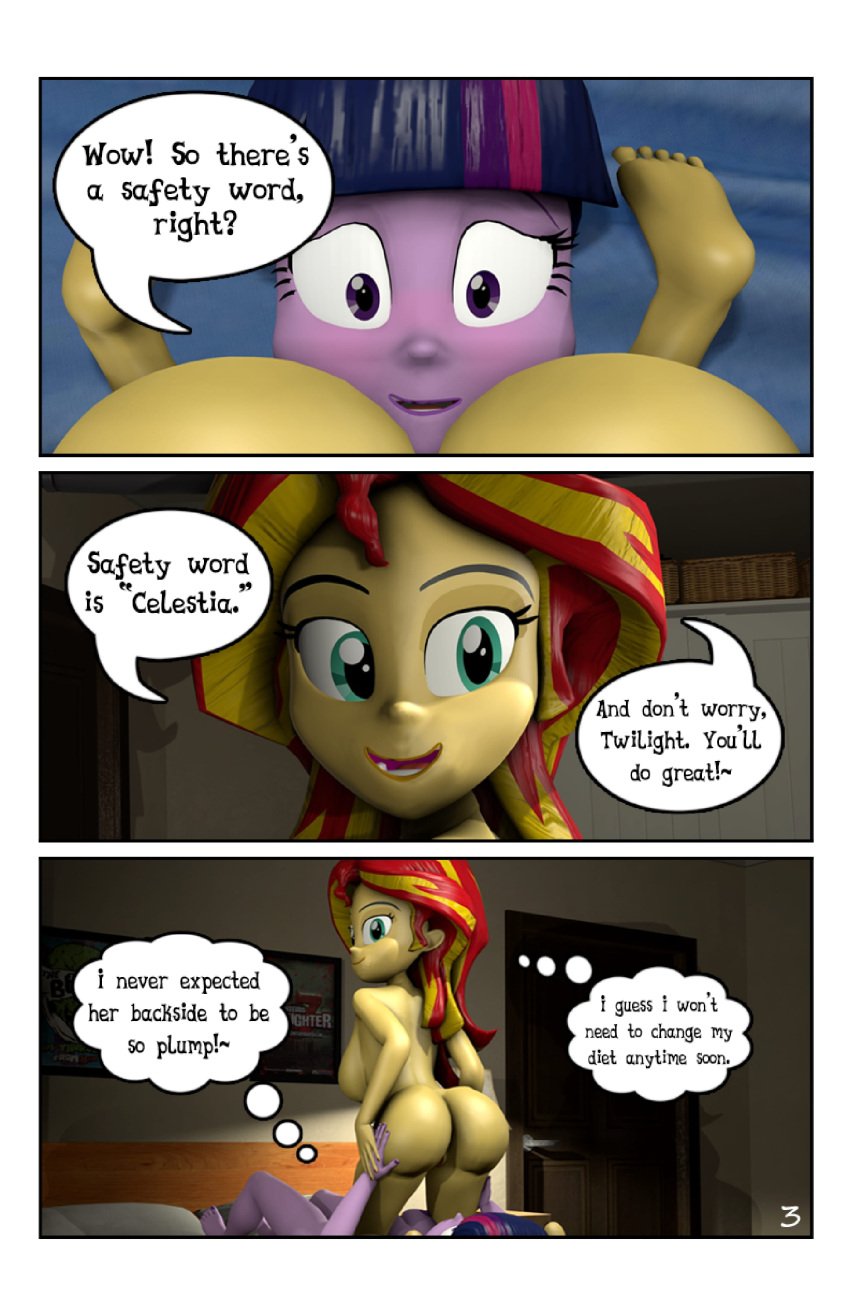 3d ass bedroom comic comic_page english_text equestria_girls female hand_on_butt hand_on_hip head_on_ass my_little_pony optica page_3 page_number plump_butt purple_body purple_hair red_hair sideboob source_filmmaker sunset_shimmer text text_bubble thought_bubble twilight_sparkle_(eg) yellow_body yellow_hair yuri