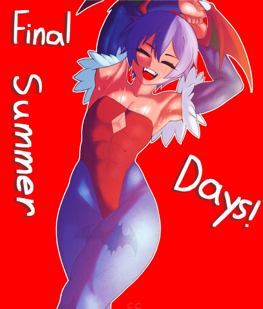 abs armpit_fetish armpits arms_up capcom champchidi darkstalkers fanart flat_chest flat_chested leotard lilith_aensland muscles purple_hair short_hair skin_tight small_breasts smiling succubus sweat sweatdrop sweating sweaty sweaty_armpits sweaty_body sweaty_breasts thick_thighs toned toned_body toned_female toned_stomach video_games wings_on_head