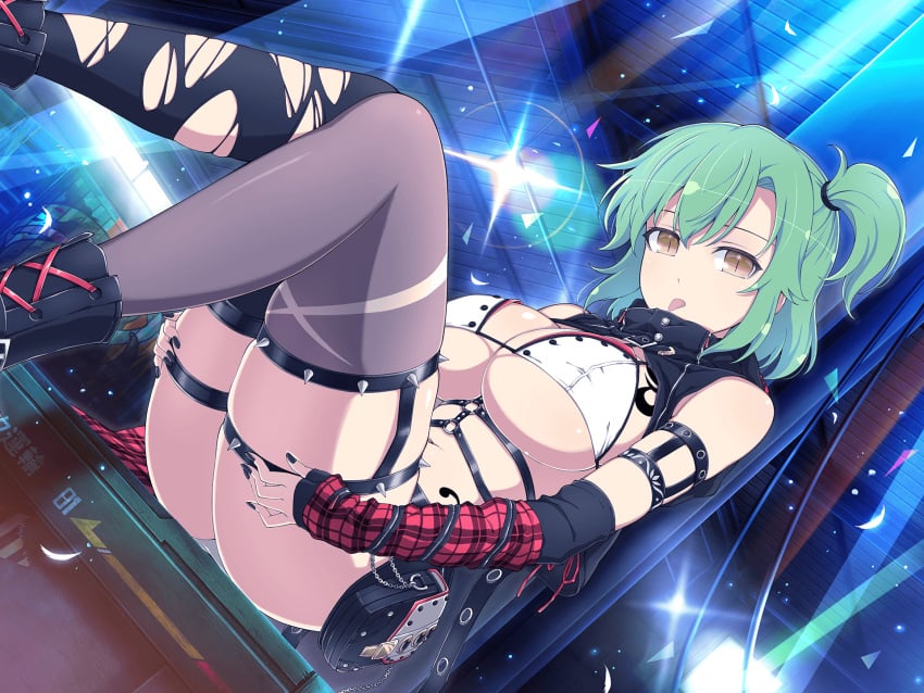 arm_garter ass_visible_through_thighs bare_belly belly_button big_breasts black_thighhighs body_blush boots bra breasts cleavage green_hair hikage_(senran_kagura) marvelous official_art senran_kagura senran_kagura_new_link shiny_skin short_hair side_ponytail sitting tattoo thighhighs thighs tongue tongue_out underboob white_bra yaegashi_nan yellow_eyes