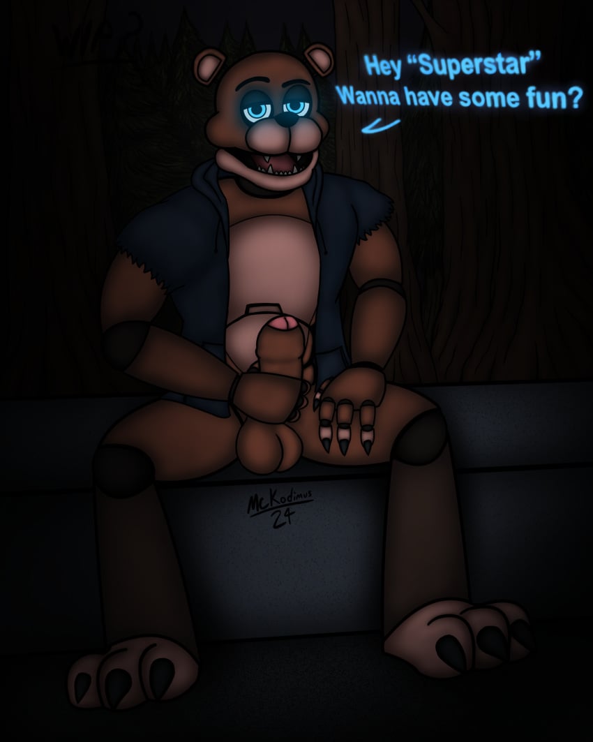 absurd_res animatronic anthro balls bear blue_eyes bottomless brown_body claws clothed clothing dialogue fan_character five_nights_at_freddy's foreskin forest freddy_(fnaf) gay genitals hi_res hoodie hoodie_only looking_at_viewer machine male mammal masturbation mckodimus penis plant robot scottgames sitting solo topwear topwear_only tree