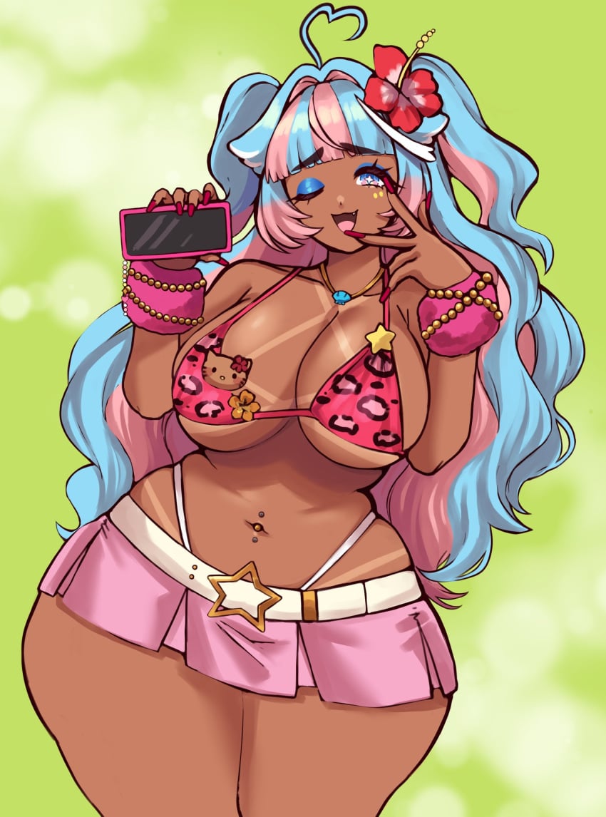 1girls :3 :3d ahoge big_breasts bikini_top blue_eyes blue_eyeshadow blue_hair blunt_bangs cute_fang dark-skinned_female dark_skin eyebrows_visible_through_hair eyeshadow female female_only flower_in_hair gyaru heart_ahoge hi_res jojoniumart leopard_print leopard_print_bikini long_hair looking_at_viewer makeup minari_(jojoniumart) miniskirt nail_polish navel_piercing necklace painted_nails phone pink_hair red_nails smiling smiling_at_viewer solo star-shaped_pupils symbol-shaped_pupils tan_skin tanline thick_thighs two_tone_hair v_sign wide_hips wink winking_at_viewer wrist_cuffs