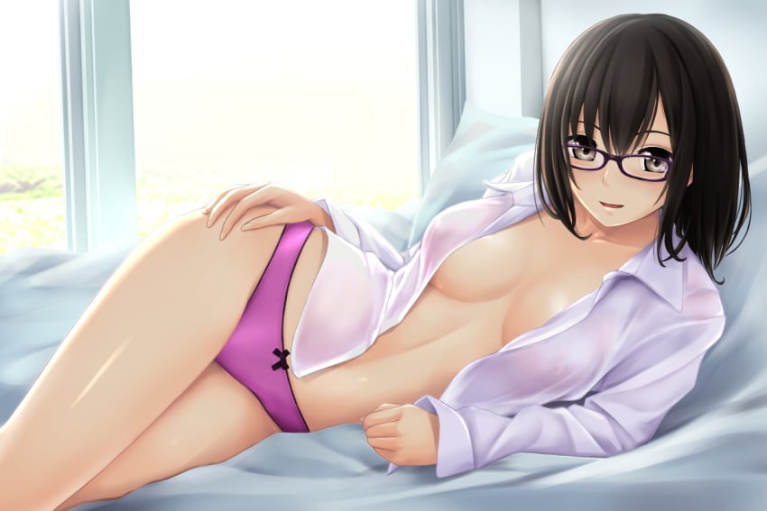 1girls bare_belly bare_chest bare_hands bare_legs bare_midriff bare_skin bare_thighs bed bed_sheet belly black_glasses black_hair black_hair_female blush blushing_at_viewer blushing_female breasts brown_eyebrows brown_hair brown_hair_female cleavage collarbone dot_nose female female_focus female_only fingernails fingers glasses glasses_on_face glasses_on_head groin half_naked half_nude hand_on_leg hand_on_own_leg hand_on_own_thigh hand_on_thigh high_resolution highres hourglass_figure indoor indoor_nudity indoors laying_down laying_on_bed laying_on_side legs legs_together light-skined_female light-skinned light-skinned_female light_skin light_skin_female light_skinned light_skinned_female long_hair looking_at_viewer medium_breasts naked naked_female naked_woman nonaka_ritsu nude nude_female nudity on_side open_clothes open_clothing open_mouth open_mouth_smile open_shirt original original_art original_artwork original_character panties parted_lips pillow purple_panties purple_underwear ribbon_panties shirt shoulders simple_background slender_body slender_waist slim_girl slim_waist smile smiley_face smiling smiling_at_viewer solo thick_thighs thighs thin_waist tongue touka_(nonaka_ritsu) unbuttoned unbuttoned_shirt underwear upper_body v-line white_background white_bed white_bed_sheet white_pillow white_shirt wide_hips window