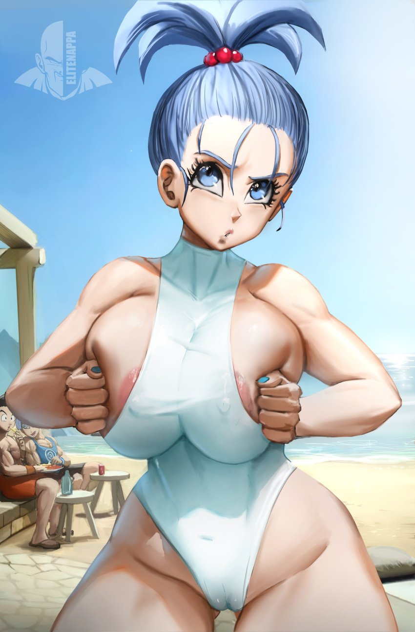 1girls 2boys aged_up areolae big_breasts black_hair blue_eyes blue_hair bra_(dragon_ball) bra_briefs breasts busty cameltoe dragon_ball dragon_ball_gt elitenappa female female_focus huge_breasts large_breasts looking_at_viewer male multiple_boys nipple_bulge one-piece_swimsuit son_goten swimsuit thick_thighs trunks_briefs wide_hips