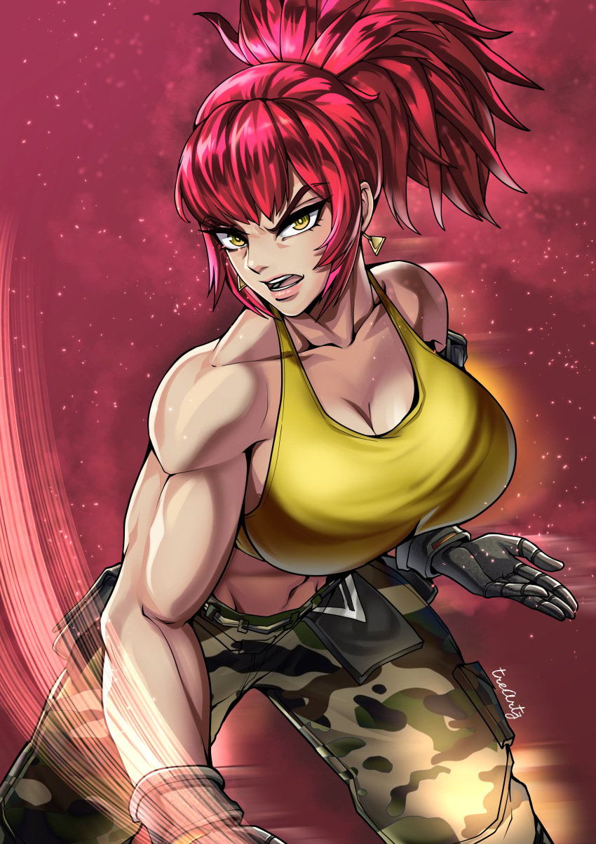 baggy_clothing baggy_pants big_breasts breasts ear_piercing ear_ring earring earrings female gloves king_of_fighters king_of_fighters_xv leona_heidern midriff muscles muscular orochi_leona ponytail red_hair short_hair solo solo_female tank_top thotlerrr toned toned_body toned_female toned_stomach treartz yellow_eyes