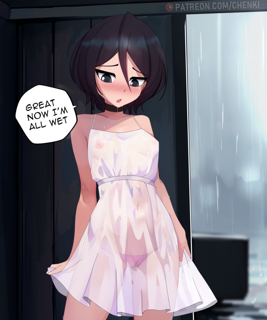 1girls alternate_version_available bleach blush cameltoe chenki choker english_text female female_only kuchiki_rukia petite pink_panties solo sundress text transparent_clothing wet