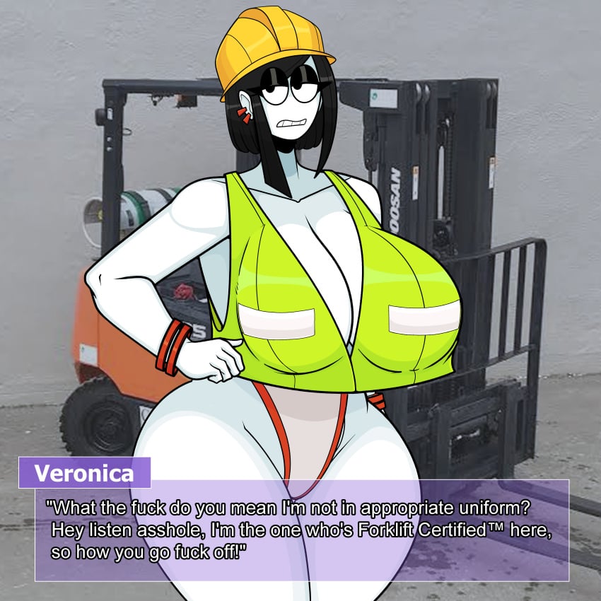 1girls big_breasts black_hair breasts busty cleavage clothing ear_piercing female female_only forklift goth goth_girl hat huge_breasts large_breasts looking_at_viewer no_bra piercing remake saltynoodles solo text_box thick_thighs vehicle veronica_(saltynoodles) vest wide_hips