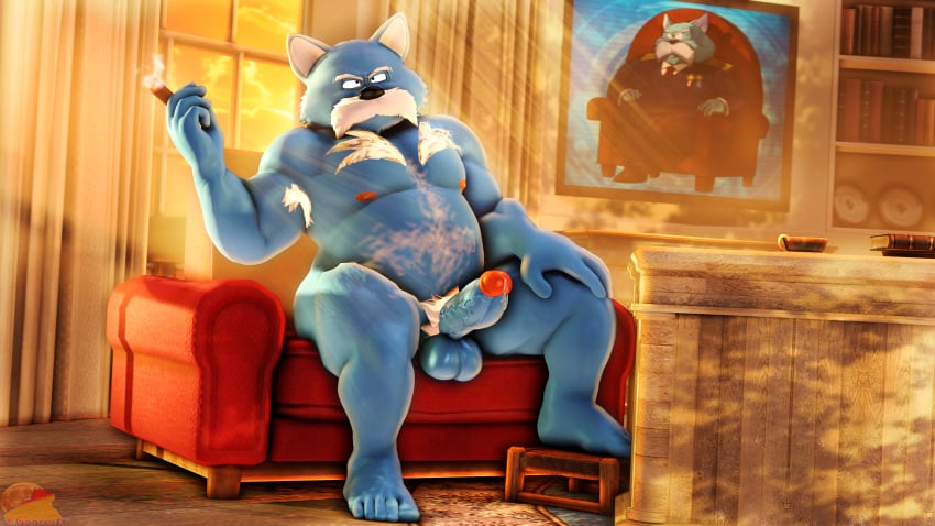 anthro armpit_hair beastman body_hair canine cigar dragon_ball erection king_furry male male_focus male_only mature_male moonwulf nipples nude precum pubes slightly_chubby slightly_chubby_male solo_focus solo_male source_filmmaker_(artwork) thick_thighs