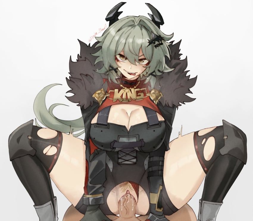 1boy akashicelegy breasts caesar_king cleavage cowgirl_position english_commentary female fur_trim grey_hair highres horns large_breasts long_hair penis piercing pussy sex solo_focus spread_legs straddling textless_version thick_thighs thighs tongue tongue_out tongue_piercing torn_clothes uncensored vaginal_penetration zenless_zone_zero