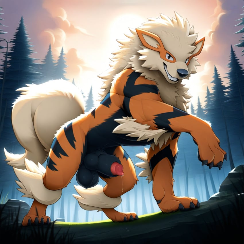 ai_generated anatomically_correct anatomically_correct_genitalia animal_genitalia animal_penis arcanine balls bodily_fluids canid canine canine_penis claws cloud detailed detailed_background detailed_fur director_firewolf feral forest gay generation_1_pokemon genital_fluids genitals grass grin hi_res knot knot_in_sheath looking_at_viewer low-angle_view male male_only mammal novelai outside paws penis plant pokemon_(species) precum sheath smile solo toe_claws tree