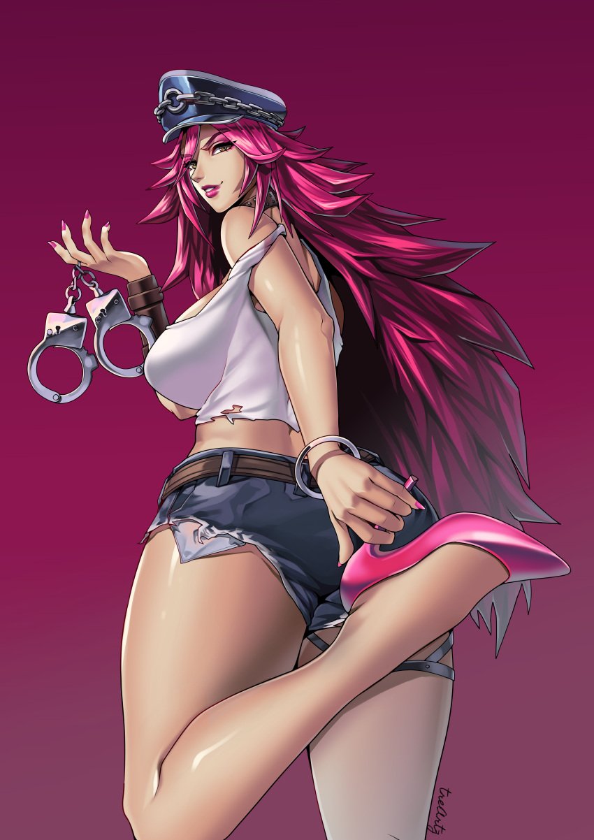 1girls ass ass_focus big_breasts big_thighs breasts chains choker female female_only final_fight fully_clothed handcuffs hat heels jean_shorts light-skinned_female light_skin long_hair mature_female midriff milf painted_fingernails painted_nails pink_hair poison_(final_fight) purple_hair sharp_fingernails sharp_nails smile smiling solo solo_female street_fighter street_fighter_v stretching thighs thotlerrr treartz white_clothing