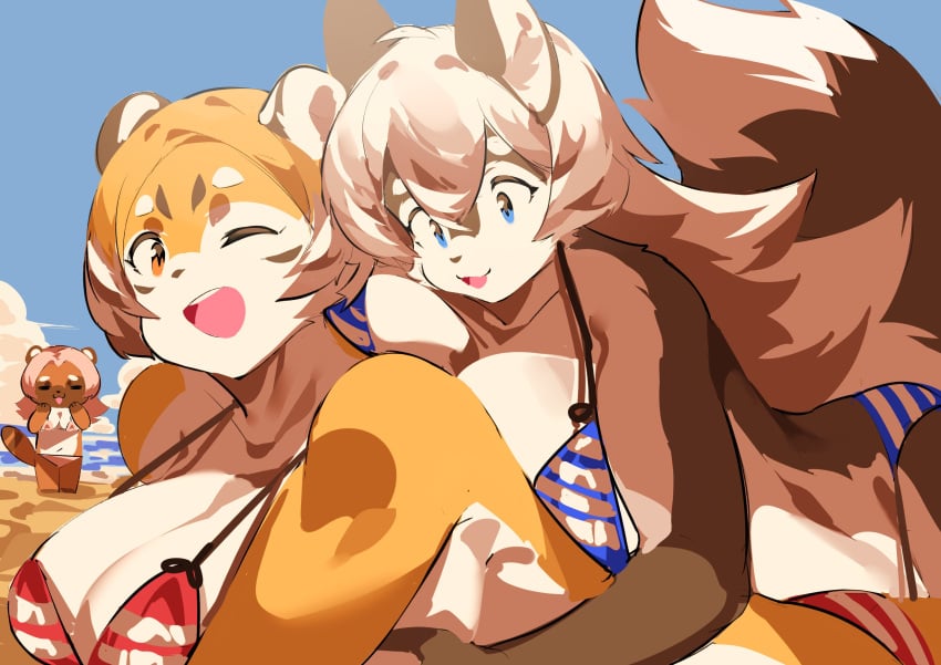 2girls big_breasts bikini breasts cleavage feline female furry huge_breasts mei_xiang mx99926 original thick_thighs tiger tiger_girl wide_hips