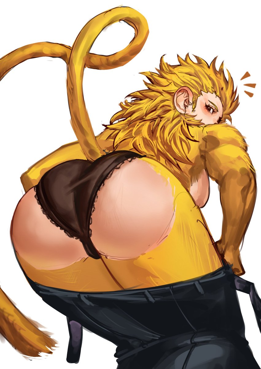 1girls black_panties black_pants dat_ass deltoids ears fur humanoid light-skinned_female light_skin looking_at_viewer looking_back monkey monkey_girl monkey_humanoid orange_hair panties pants_down pulling_pants_down saiyan sideboob solo_female spiked_hair tail thick_ass thick_thighs virgoart1509 white_background wukong yellow_fur yellow_hair