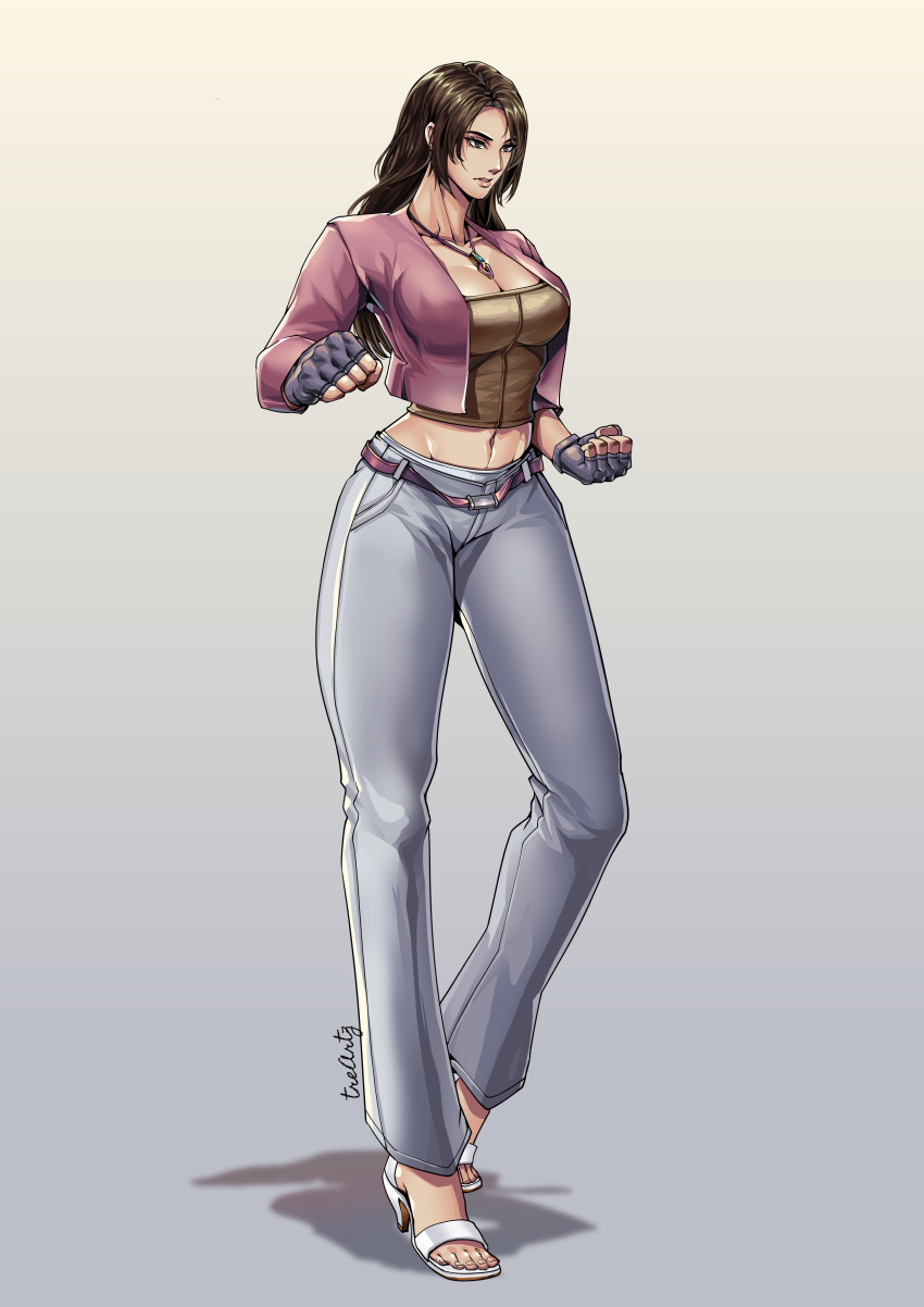 belt big_breasts brazilian brazilian_female breasts brown_hair christie_monteiro female fingerless_gloves heels light-skinned_female light_skin long_hair namco necklace pants solo solo_female tekken tekken_6_bloodline_rebellion thotlerrr treartz