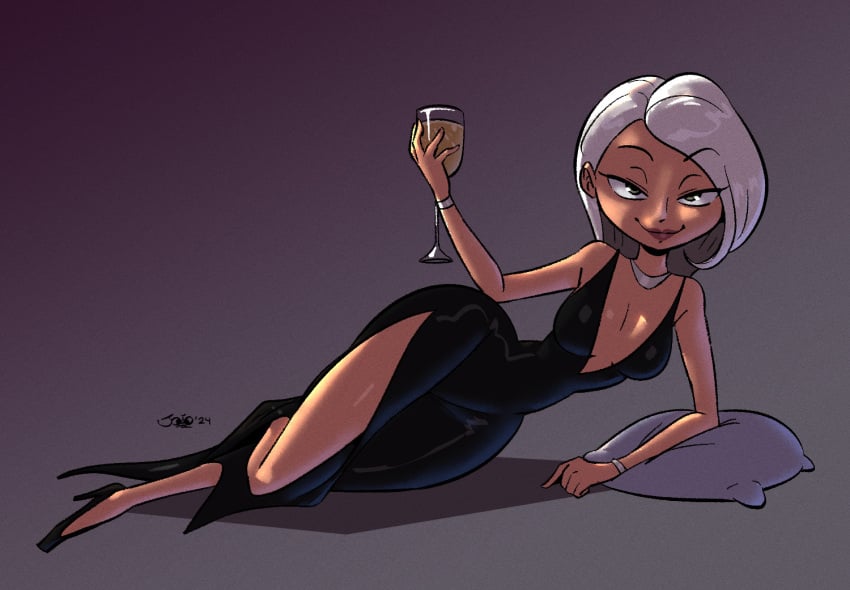 1girls champagne champagne_glass cleavage_dress clothed clothing dark-skinned_female dark_skin disney dress female female_focus female_only joaoppereiraus long_hair mature_female mirage_(the_incredibles) pillow pixar small_breasts the_incredibles white_hair wide_hips