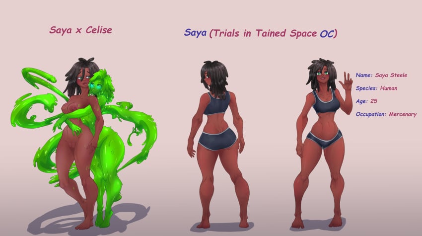 arms_around_waist athletic_wear big_breasts black_hair blue_blush blush bottomwear bra breasts celise_(tits) clothing dark_body dark_skin dragmarok dreadlocks duo fan_character female female/female galotian genitals goo_creature green_eyes green_hair green_slime gym_bottomwear gym_shorts hair hi_res hug human humanoid interspecies mammal model_sheet nipples nude penis_tentacles pussy saliva_strand shorts smile sports_bra story story_in_description tentacle tentacle_slime trials_in_tainted_space underwear