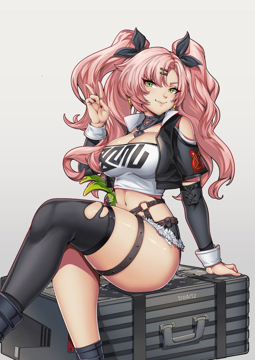 big_breasts big_thighs ear_piercing ear_ring earring earrings female green_eyes midriff nicole_demara pink_hair shorts smile smiling solo solo_female thighs thotlerrr treartz twintails zenless_zone_zero