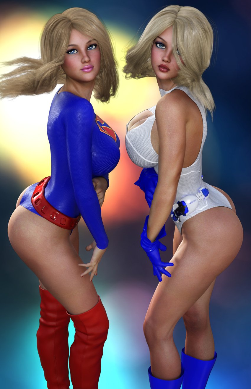 2girls 3d argoan ass belt big_ass big_breasts blonde_hair blue_boots blue_eyes blue_gloves blue_leotard boots breasts busty cleavage cleavage_cutout curvaceous curvy dat_ass dc dc_comics earth-2 earth2 earth_2 eyeshadow female female_only gloves jsa justice_society justice_society_of_america kara_zor-el karen_starr kneehighs kryptonian large_breasts leaning leaning_forward leotard lipstick long_hair makeup mascara multiple_girls pink_lips pink_lipstick pinup power_girl red_belt red_boots red_kneehighs red_lips red_lipstick short_hair supergirl superheroine superman_(series) thick_ass tiangtam voluptuous white_leotard