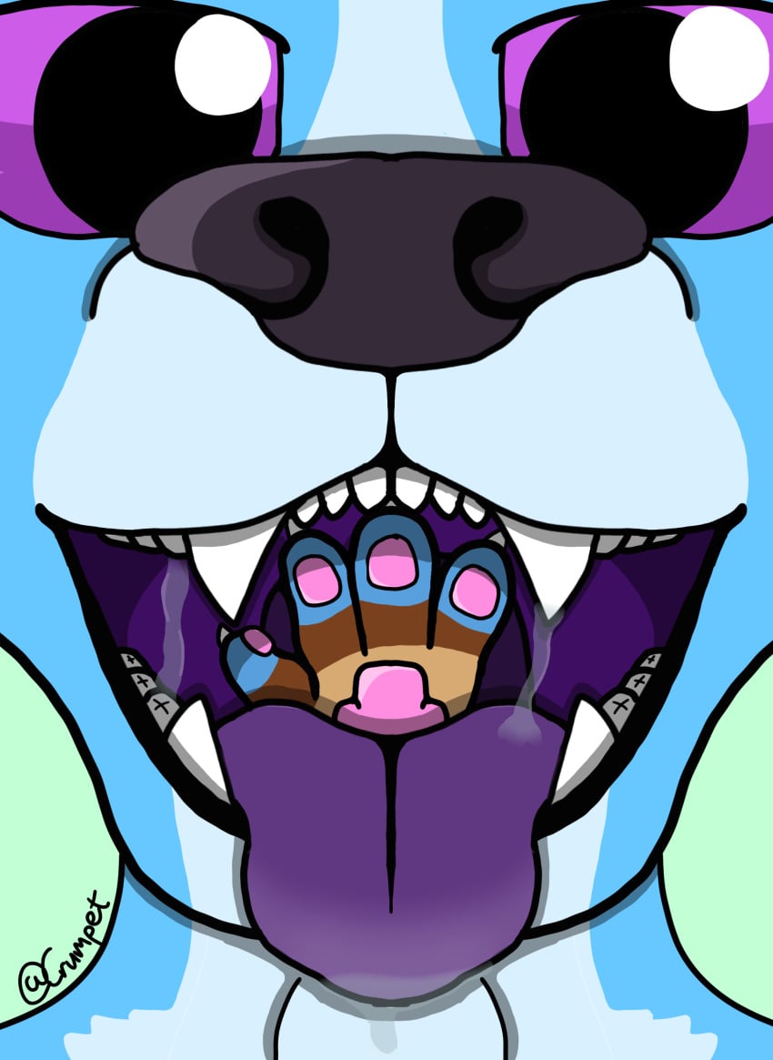 absurd_res anthro blue_body blue_fur bodily_fluids brown_body brown_fur canid canine canis crumpet_fur duo fur glistening glistening_eyes hand_in_mouth hi_res looking_at_viewer male male/male mammal nails open_mouth oral_vore pawpads purple_eyes purple_mouth purple_nose saliva tan_body tan_fur teeth tongue tongue_out vore