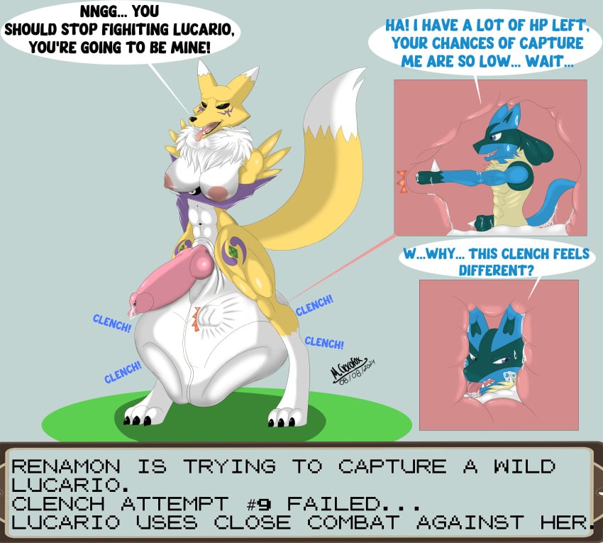 absurd_res animal_genitalia animal_penis anthro anthro_pred balls bandai_namco big_balls big_penis bodily_fluids breasts canid canine canine_genitalia canine_penis claws clenching_balls cock_vore confident crossover cum digimon digimon_(species) digital_media_(artwork) duo english_text erection fully_inside fur futanari generation_4_pokemon genital_fluids genitals gynomorph hi_res huge_balls huge_cock hyper hyper_balls hyper_genitalia internal_vore intersex intersex/male intersex_pred knot knotted_penis lucario male mammal mcrocofox nintendo nipples penile penis pokemon pokemon_(species) renamon retracted_balls rule_63 simple_background soft_vore sound_effects tail talking_to_pred talking_to_prey text tongue tongue_out unwilling_prey vore white_body yellow_body