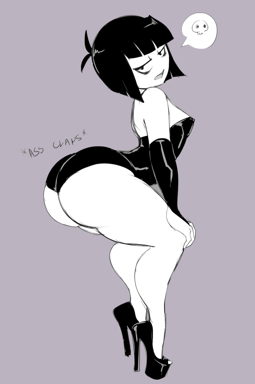 1girls 2017 arched_back ass ass_clapping bare_shoulders bent_knees bent_over big_ass bimbo black_and_white bob_cut butt_shot clapping_cheeks colored creepy_susie dat_ass edit female female_only flat_chest goth goth_mommy high_heels human leather leotard looking_at_viewer no_nose no_pants open_mouth platform_heels sketch solo speech_bubble the_oblongs thecon twerking white_background