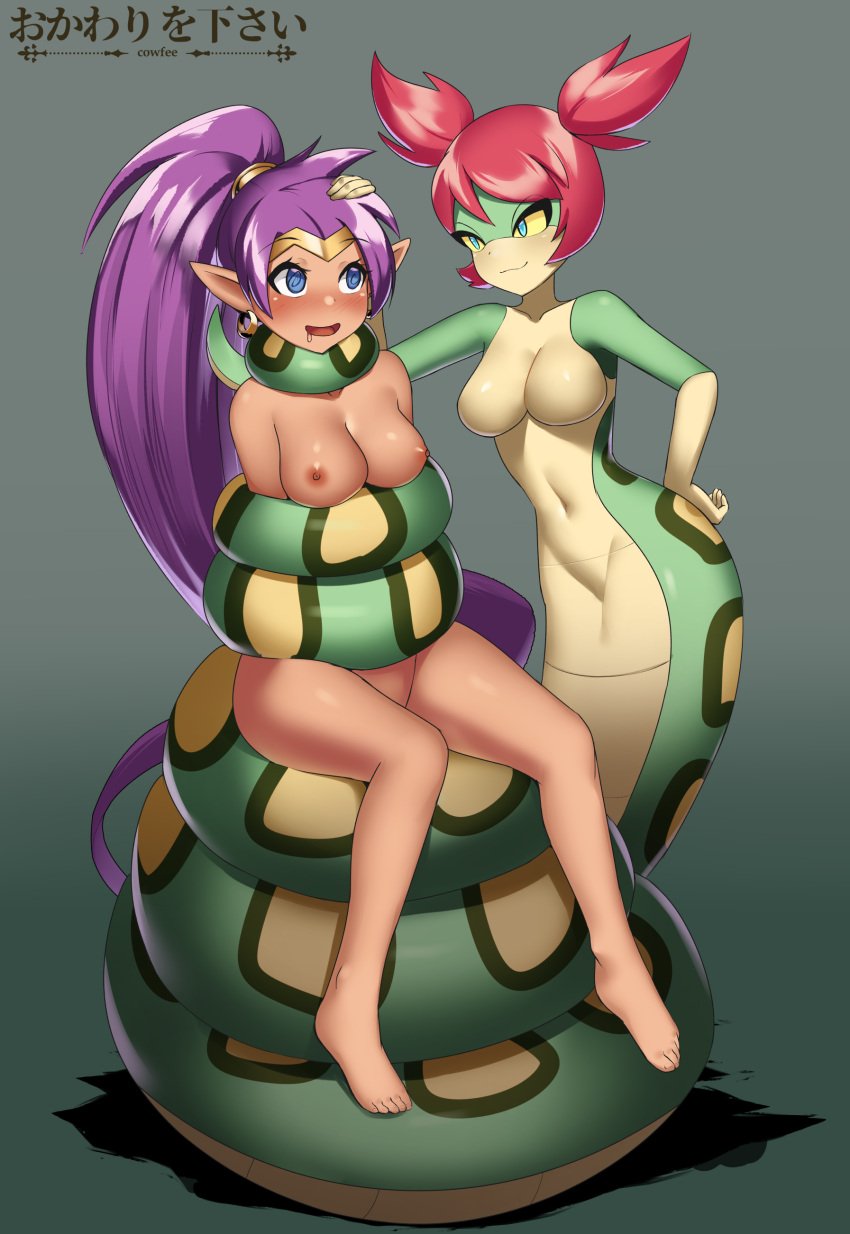 2girls absurd_res anthro apode big_breasts breasts coiling cowfee crown draconcopode duo featureless_breasts featureless_crotch female female_human female_only headgear hi_res humanoid_pointy_ears hypnosis legless long_hair mammal mind_control multiple_girls naga nipples non-mammal_breasts nude ponytail purple_hair reptile scalie serpentine shantae shantae:_half-genie_hero shantae_(character) snake thick_naga_hips tiara tuki_(shantae) wayforward