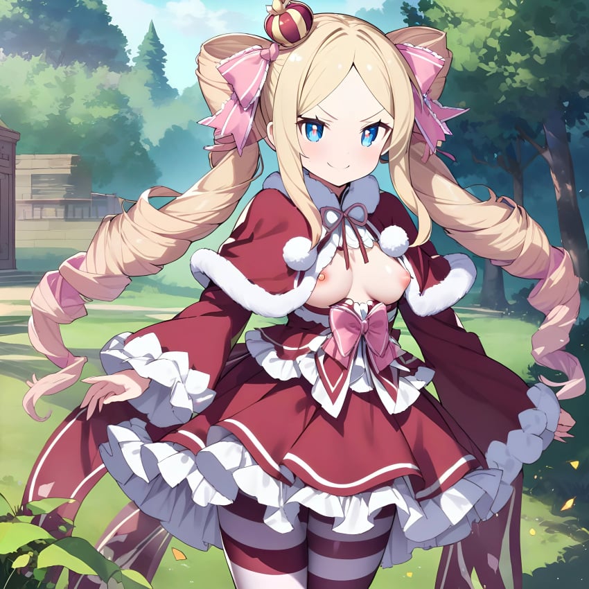 aged ai_generated at beatrice_(re:zero) black blonde_hair blue breasts clothing crop drill drills eyes female fire hair indoors large legwear long looking midriff miraihikariart navel only ornament panties pants pantsu pupils red shirt short sidelocks skindentation sleeves solo striped symbol-shaped t-shirt thighhighs thighs tied top twin underwear up viewer