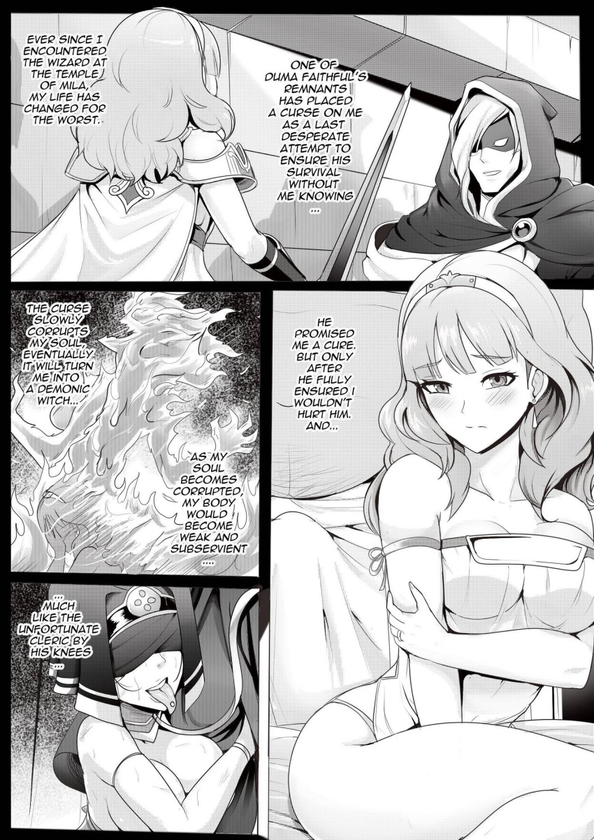 2boys 2girls bangs bare_arms bare_shoulders bare_thighs blackmail blindfold blush breasts cape celica_(fire_emblem) cleric collarbone comic corruption curse defeated doujin doujinshi earrings elbow_gloves english_text erection erection_under_towel fat_man female femsub fire fire_emblem fire_emblem_echoes:_shadows_of_valentia frown gloves habit hood imminent_rape imminent_sex indoors large_breasts larger_male leg_grab leg_hug looking_at_viewer magic maledom married_woman medium_breasts medium_hair mind_control multiple_boys multiple_girls naughty_face netorare nightgown nintendo panties piercing priestess queen revealing_clothes revolverwingstudios ring_piercing robe royalty short_hair shoulders slave smaller_female smile standing sweat sword temple text thighs tiara tongue tongue_out tongue_piercing topless underwear weapon wedding_ring wide_hips witch witch_(fire_emblem) worried