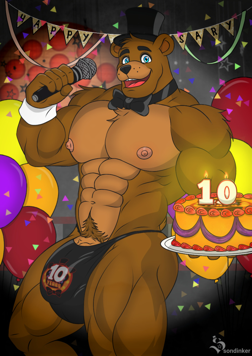 1boy abs absurd_res anthro balloon balls barely_visible_genitalia barely_visible_penis bear big_penis bulge cake clothing dessert five_nights_at_freddy's food freddy_(fnaf) gay genitals hi_res humanoid inflatable male male_focus male_only mammal muscular muscular_male penis scott_cawthon scottgames solo solo_focus sondinker_fazbear's thong underwear veiny_penis