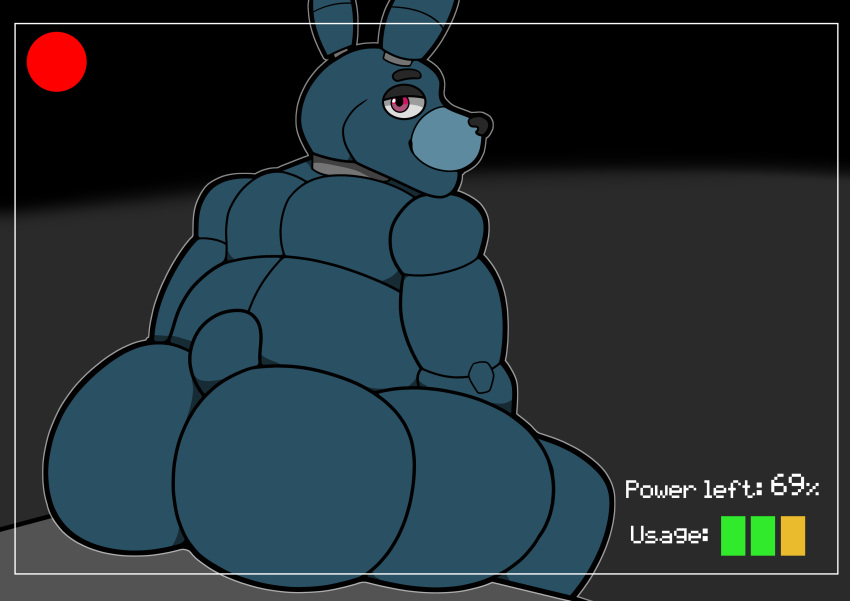 3loy absurd_res animatronic anthro ass ass_focus big_butt blue_body bonnie_(fnaf) camera digital_media_(artwork) five_nights_at_freddy's gay hi_res lagomorph leporid looking_at_viewer machine male mammal nude overweight overweight_anthro overweight_male rabbit recording red_eyes robot scottgames simple_background smile solo tail thick_thighs wide_hips